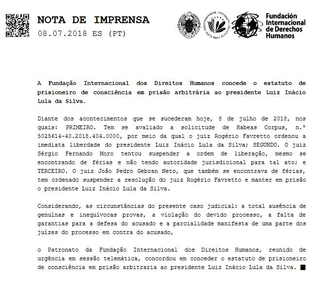 Direitos Humanos concede a Lula status de preso político Direitos Humanos concede a Lula status de preso político