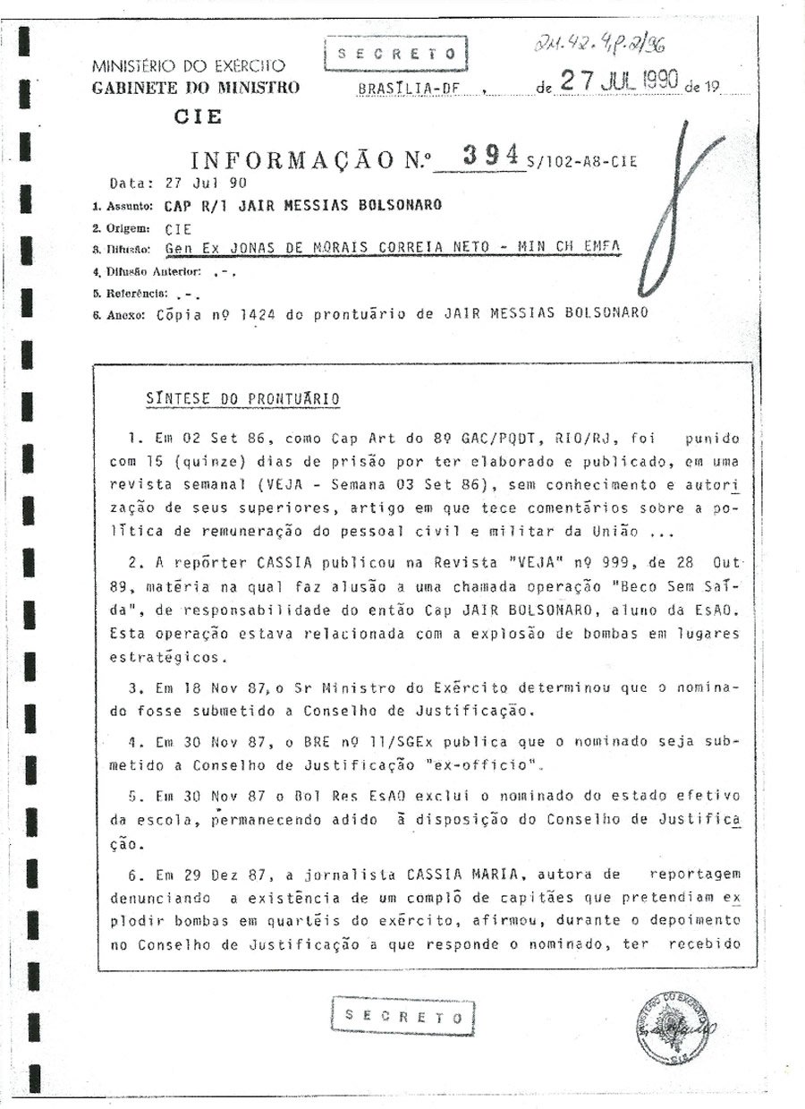 Os documentos do Exército a respeito da expulsão de Bolsonaro da Escola de Oficiais após plano terrorista Os documentos do Exército a respeito da expulsão de Bolsonaro da Escola de Oficiais após plano terrorista
