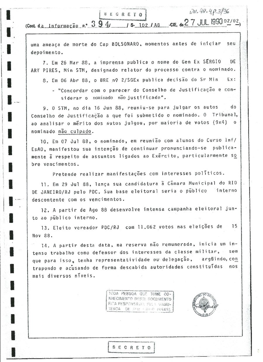 Os documentos do Exército a respeito da expulsão de Bolsonaro da Escola de Oficiais após plano terrorista Os documentos do Exército a respeito da expulsão de Bolsonaro da Escola de Oficiais após plano terrorista